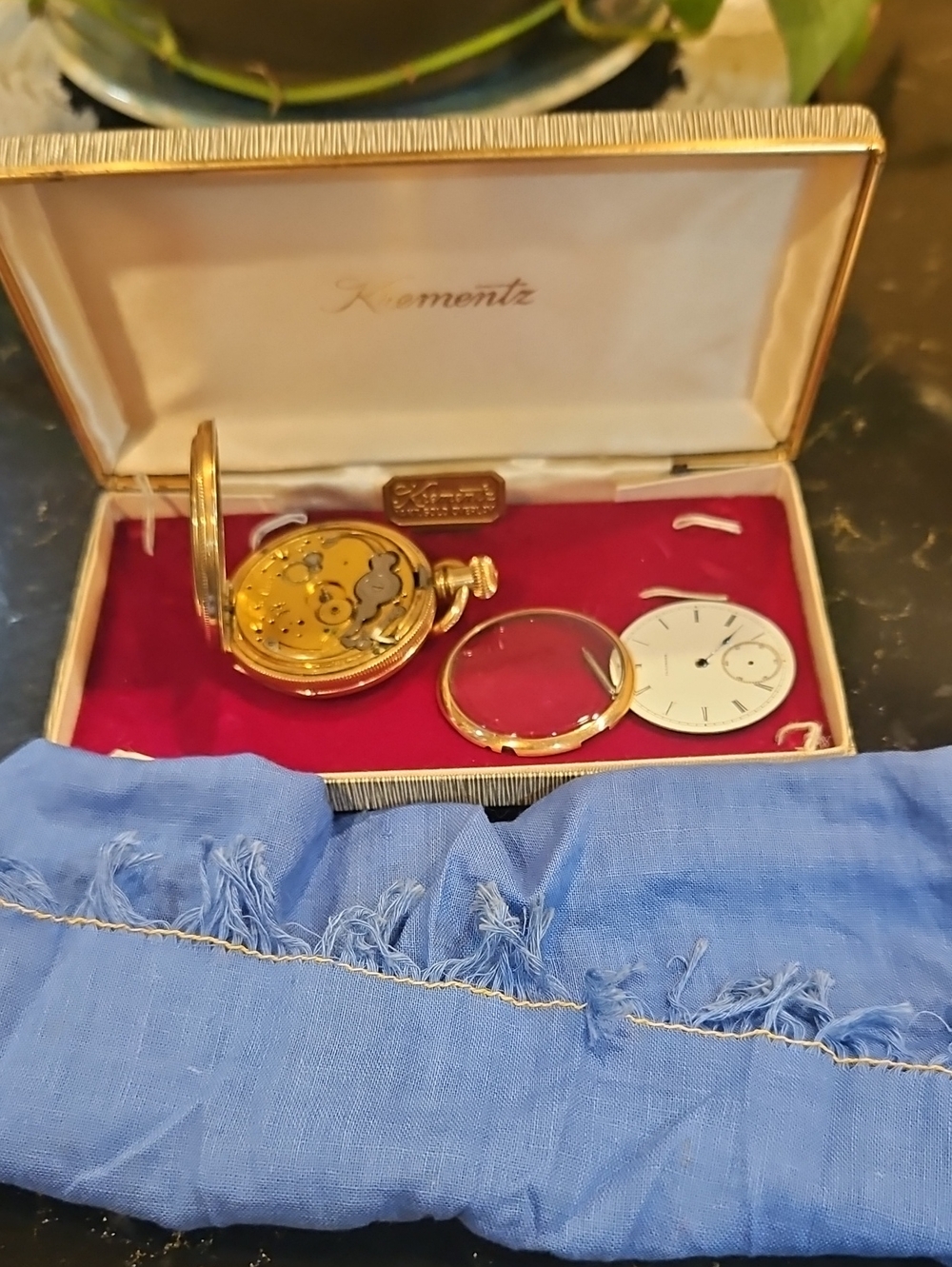 Vintage Gold Pocket Watch Case with Blue Cloth Pouch